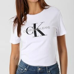 De gros ✨ Tee 👚 Shirt Femme Core Monogram Logo 7878 Blanc de Calvin Klein 🤩