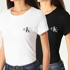 Budget ✨ Lot De 2 Tee 👕 Shirts Femme Slim 4364 Blanc Noir de Calvin Klein ⭐