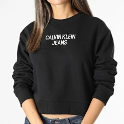 Sortie 😀 Sweat Crewneck Femme Crop 7298 Noir de Calvin Klein 🛒