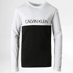 Meilleure vente ❤️ Tee 👚 Shirt Manches Longues Enfant Colour Block 1229 Blanc Noir de Calvin Klein 🛒