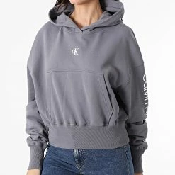 Meilleure vente 😀 Sweat Capuche Femme Crop 7738 Gris de Calvin Klein 👏