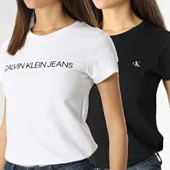 Meilleure affaire 🔔 Lot De 2 Tee 👕 Shirt Femme 5777 Blanc Noir de Calvin Klein 🎁