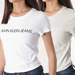 Grosses soldes 🎁 Lot De 2 Tee 👚 Shirt Femme 6466 Blanc Beige de Calvin Klein ⌛