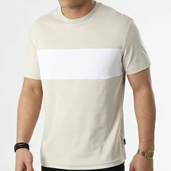 Budget 🎁 Tee 👕 Shirt Color Blocking Logo 8743 Beige Blanc de Calvin Klein 🔔