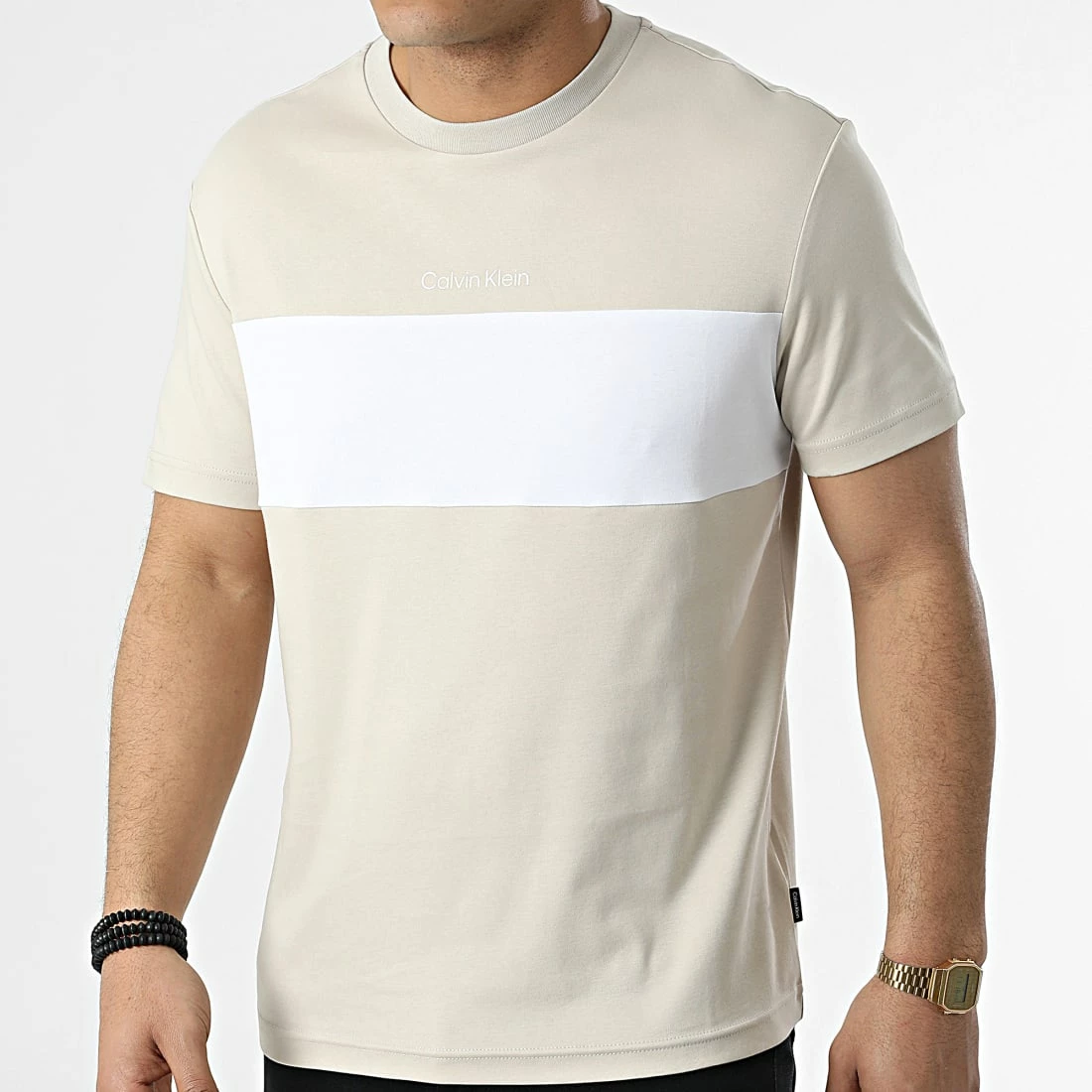 Budget 🎁 Tee 👕 Shirt Color Blocking Logo 8743 Beige Blanc de Calvin Klein 🔔 1 Budget 🎁 Tee 👕 Shirt Color Blocking Logo 8743 Beige Blanc de Calvin Klein 🔔