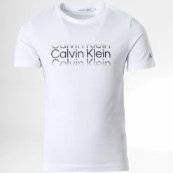 Remise 🔔 Tee 👕 Shirt Enfant Institutional Cut Off Logo 1216 Blanc de Calvin Klein 😍