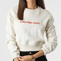 Nouveau 😀 Sweat Crewneck Femme Crop 8165 Beige de Calvin Klein 😍