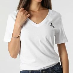 Sortie ❤️ Tee 👚 Shirt Col V Femme 9138 Blanc de Calvin Klein 🎉