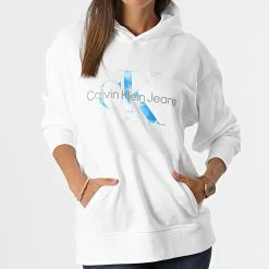 Meilleure affaire 🧨 Sweat Capuche Femme Aqua Monogram 8988 Blanc de Calvin Klein 🔔