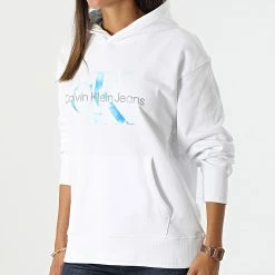 Meilleure affaire 🧨 Sweat Capuche Femme Aqua Monogram 8988 Blanc de Calvin Klein 🔔 -Calvin Klein Soldes Magasin calvin klein 320512 J20J218988 YAF 20220601T160046 03