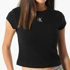 Budget 🥰 Tee 👕 Shirt Femme Crop Slub RIB Fitted 9126 Noir de Calvin Klein 🌟