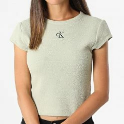 Grosses soldes 😀 Tee 👕 Shirt Femme Crop Slub RIB Fitted 9126 Vert Kaki de Calvin Klein 🔥