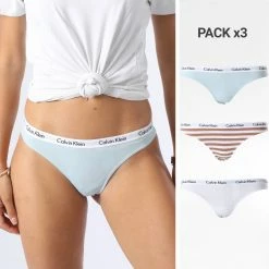Nouveau 🎉 Lot De 3 Strings Femme QD3587E Blanc Bleu Clair Marron de Calvin Klein 😍