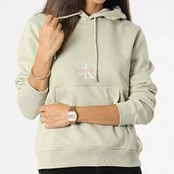 Sortie 😀 Sweat Capuche Femme Monologo 8983 Vert Kaki Clair de Calvin Klein ❤️