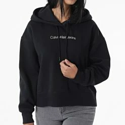 Remise 🛒 Sweat Capuche Femme Shrunken Institution 9910 Noir de Calvin Klein 💯