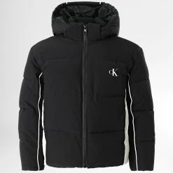 Remise 👏 Doudoune Capuche Enfant Colorblock Monogram 1350 Noir Beige de Calvin Klein 🎉