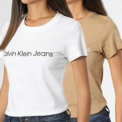 Budget 👏 Lot De 2 Tee 👕 Shirts Femme 6466 Blanc Beige de Calvin Klein 💯