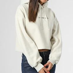 Remise 😉 Sweat Capuche Polaire Crop Femme 9762 Beige de Calvin Klein 🎉 -Calvin Klein Soldes Magasin calvin klein 331195 J20J219762 ACF 20220819T135857 03
