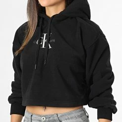Grosses soldes 😉 Sweat Capuche Polaire Crop Femme 9762 Noir de Calvin Klein 👍