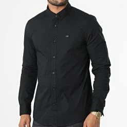 Sortie 🔥 Chemise Manches Longues Stretch Poplin 0856 Noir de Calvin Klein 🎁