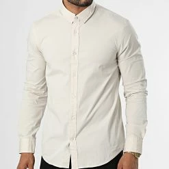 Promo 😍 Chemise Manches Longues Stretch Poplin 0856 Beige de Calvin Klein 🎉