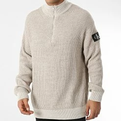 Meilleure affaire 🤩 Pull Col Zippé 1688 Beige Chiné de Calvin Klein ❤️