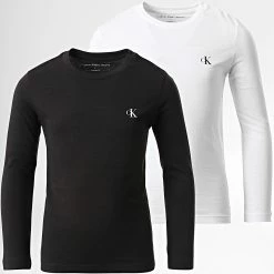 Vente flash 🎉 Lot De 2 Tee 👕 Shirts Manches Longues Enfant 1539 Blanc Noir de Calvin Klein 🛒