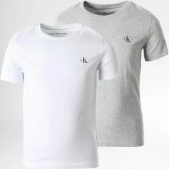 Sortie 💯 Lot De 2 Tee 👚 Shirts Enfant 1093 Blanc Gris Chiné de Calvin Klein 👍