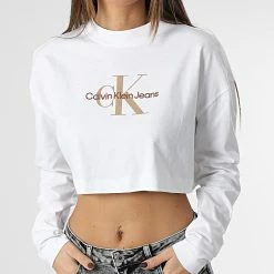 Meilleure affaire ⭐ Tee 👕 Shirt Manches Longues Crop Femme 0950 Blanc de Calvin Klein ✨