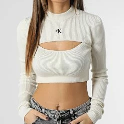 Le moins cher 🤩 Pull Crop Femme Cut Out Neckline 0446 Beige de Calvin Klein 🔥